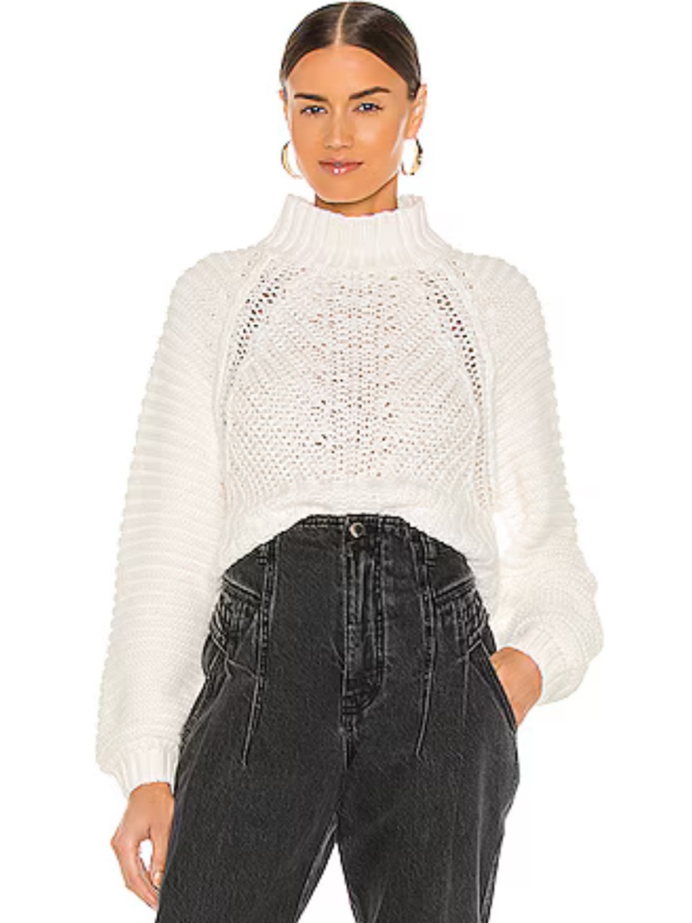 Free People Sweetheart Cream Cable Knit Cropped Turtleneck Sweater in Ivory